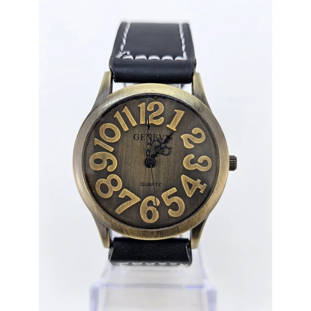 Men Analog Watch 38MM Bronze Dial New Faux Black Leather Bands New Battery READ
